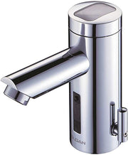 Chrome electronic faucet with solar panel on top, arched spout, and sensor control panel on cylindrical body.