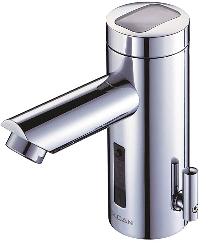 Chrome electronic faucet with solar panel on top, arched spout, and sensor control panel on cylindrical body.
