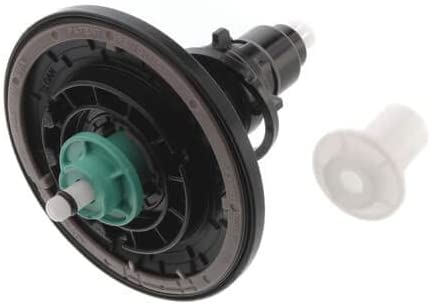 Black diaphragm kit with green center valve mechanism and clear plastic components for toilet flush valve assembly.