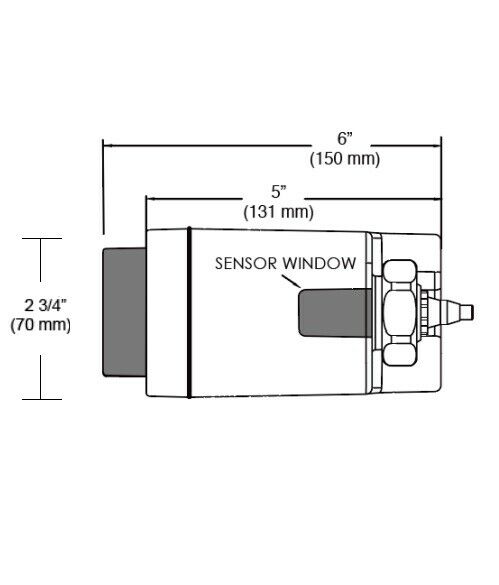 Sloan EBV-500-A single-flush side mount valve with sensor window, 6" wide by 2.34" tall.