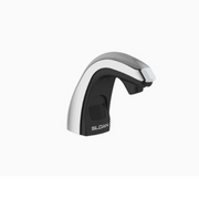 Sensor-activated soap dispenser with curved chrome and black design and Sloan branding on base.