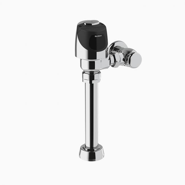 Sloan chrome flushometer with black electronic sensor head and control valve mounted on vertical pipe.