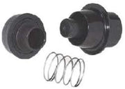 Black plastic valve assembly with spring and threaded components for 3/4" plumbing installation.