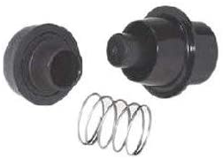 Black plastic valve assembly with spring and threaded components for 3/4" plumbing installation.