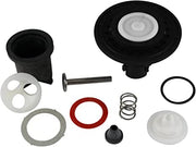 Toilet repair kit components including black rubber seals, white gaskets, metal spring, red and gray rings, and plastic diaph