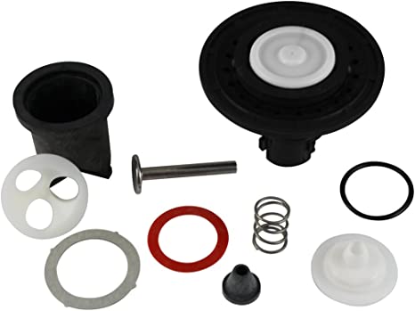 Toilet repair kit components including black rubber seals, white gaskets, metal spring, red and gray rings, and plastic diaph