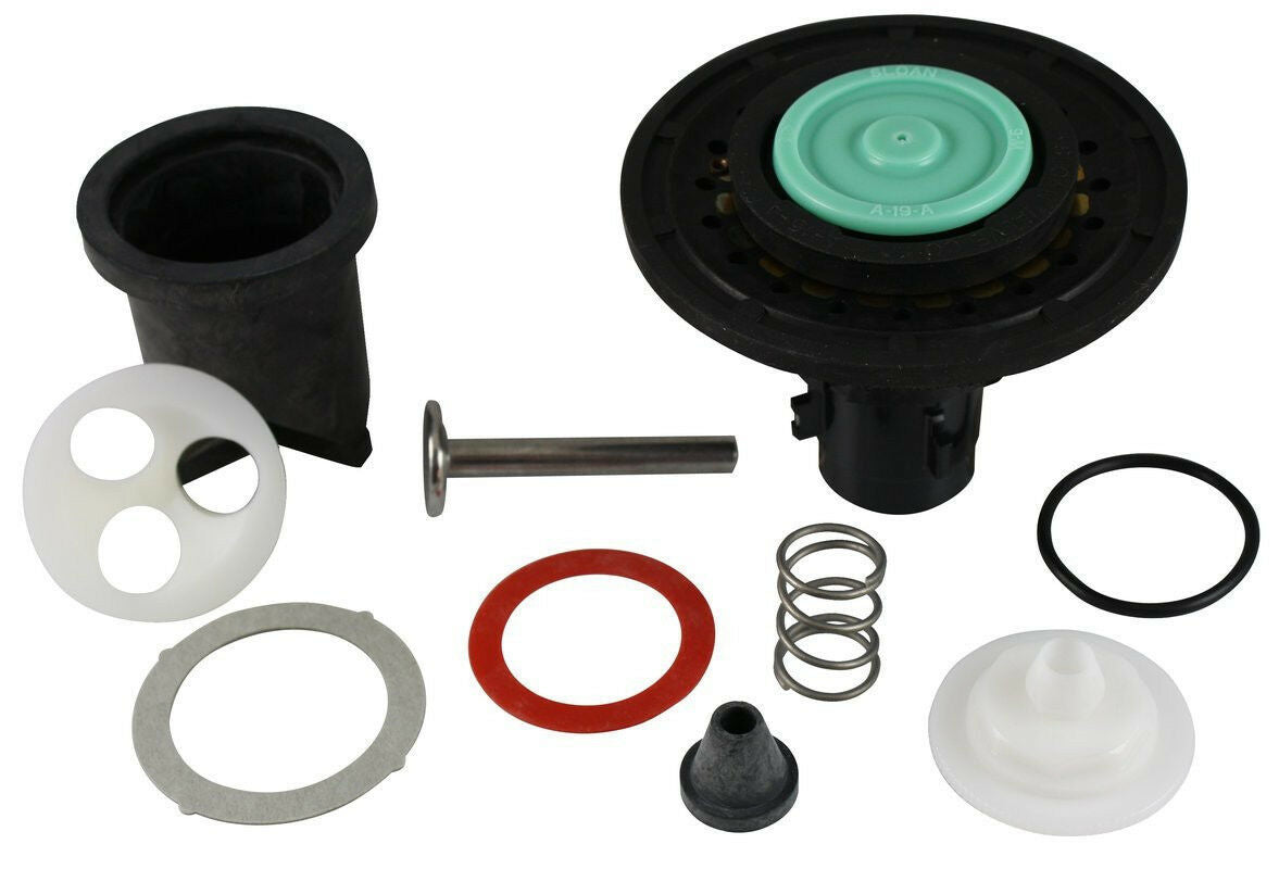 Sloan urinal repair kit components including black diaphragm, valve cartridge with mint green cap, metal rod, white and gray 