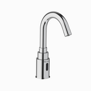 Chrome gooseneck faucet with sensor activation panel on cylindrical base and curved spout.
