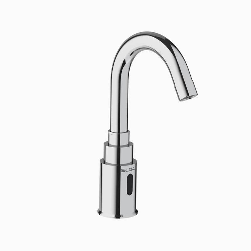 Chrome gooseneck faucet with sensor activation panel on cylindrical base and curved spout.