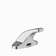 Chrome sensor-activated hand washing faucet with curved spout and black sensor panel on white background.