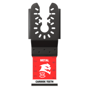 Black carbide oscillating blade with U-shaped cutting head, mounting holes, and red label marked "Metal" and "Carbide Teeth."