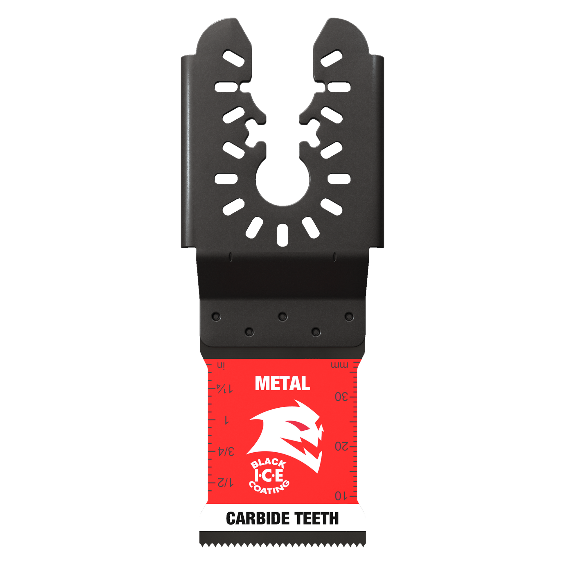 Black carbide oscillating blade with U-shaped cutting head, mounting holes, and red label marked "Metal" and "Carbide Teeth."