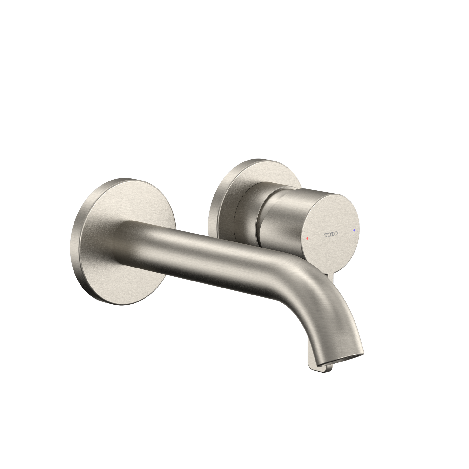 Brushed nickel wall-mount bathroom faucet with single cylindrical handle and curved spout.
