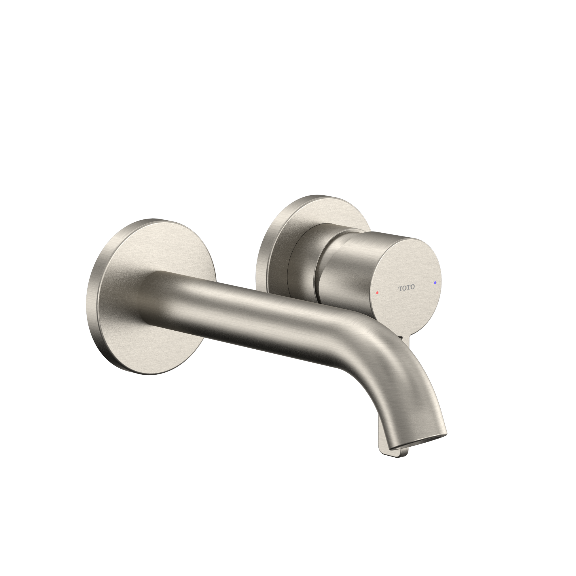 Brushed nickel wall-mount bathroom faucet with single cylindrical handle and curved spout.