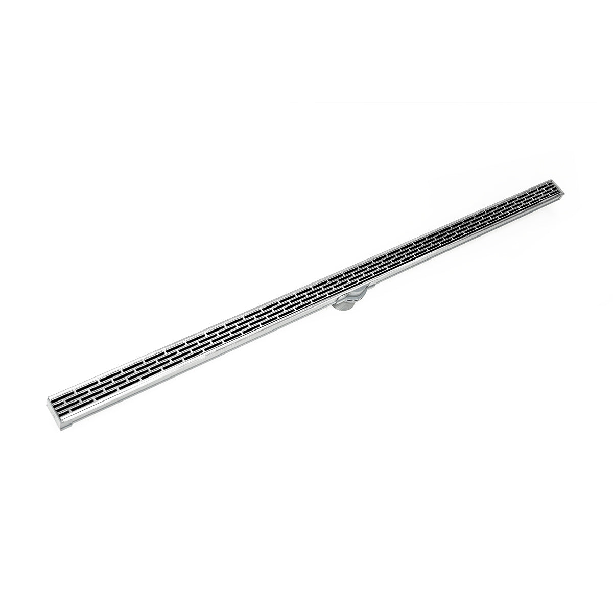 Polished stainless steel linear drain with slotted grate and outlet port.