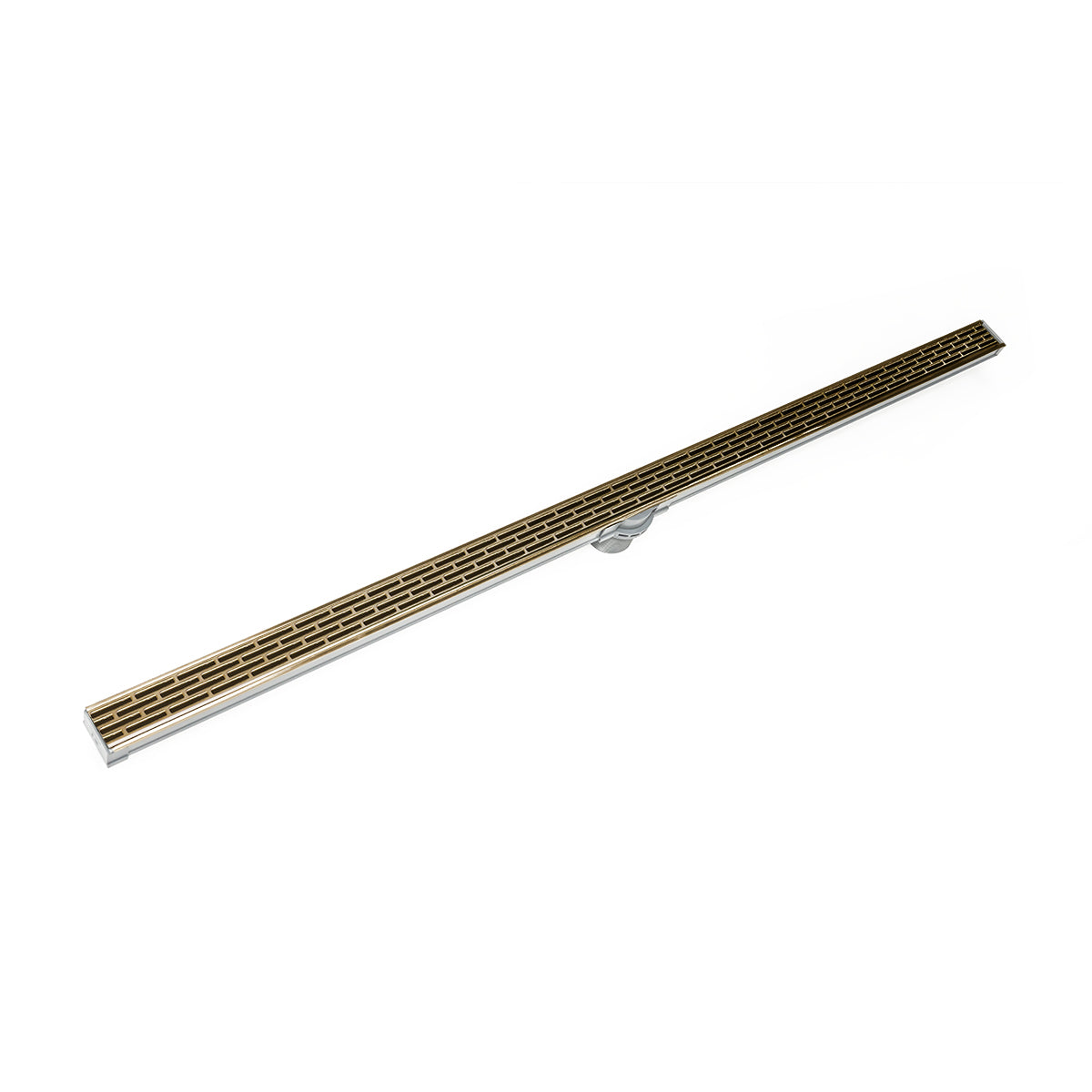 Satin bronze linear drain with horizontal slot grating and mounting bracket, 36 inches long.