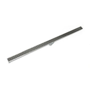 Satin stainless steel linear drain with slotted grate and side outlet connection.