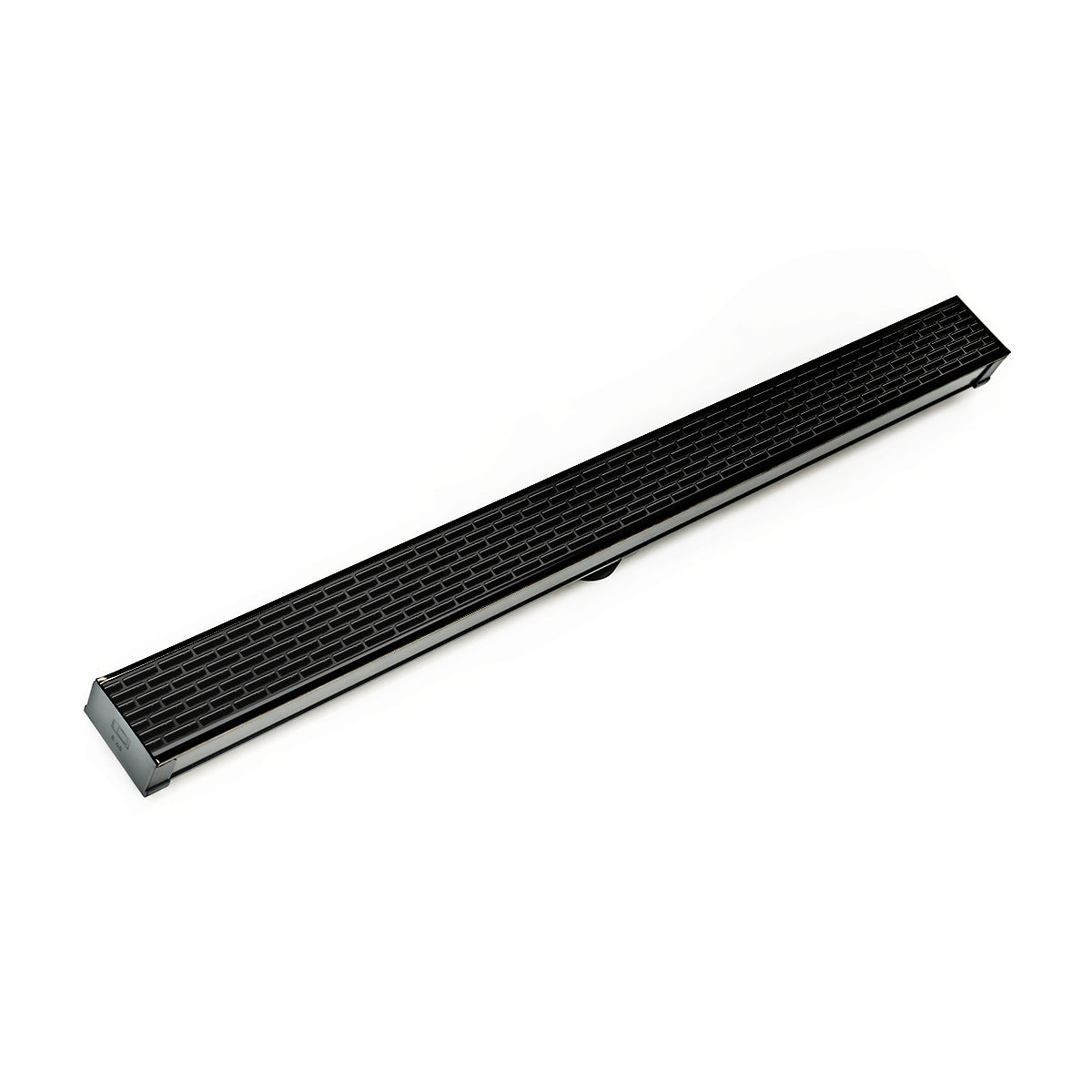 Matte black linear drain with horizontal slot pattern and metal end cap, 48 inches long.