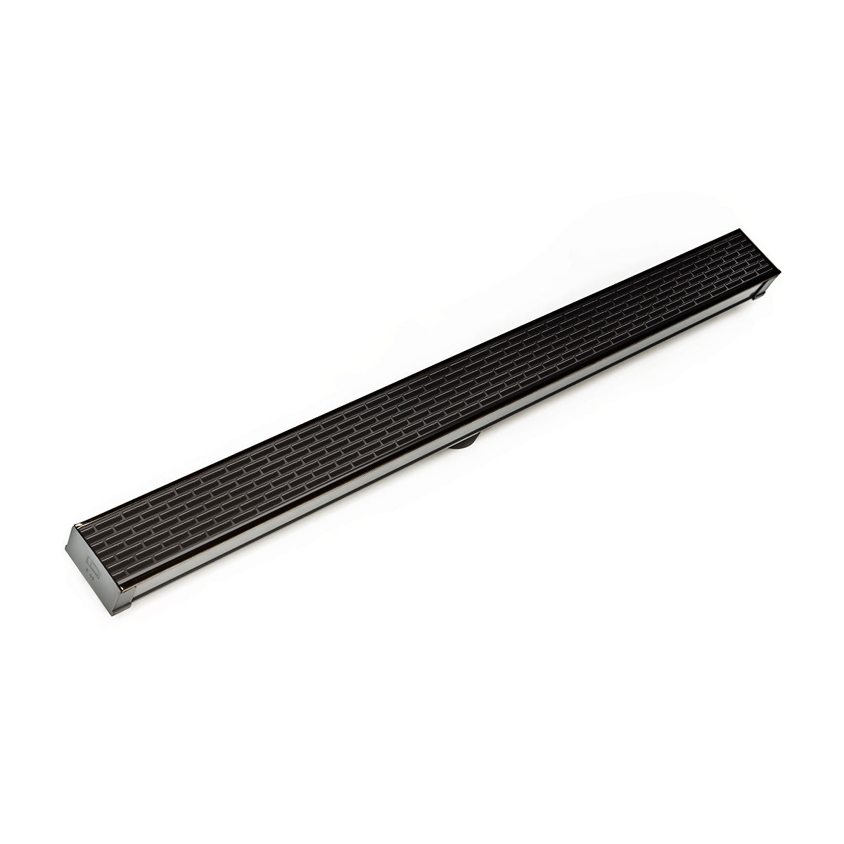 Oil rubbed bronze linear drain with slotted grate pattern and metal trim edges on white background.