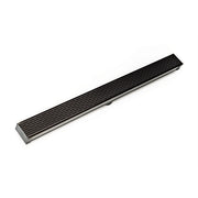 Oil-rubbed bronze linear drain with horizontal slat pattern and metal frame, 48 inches long.