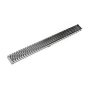 Polished stainless steel linear drain with rectangular grate pattern and sloped design for shower installation.