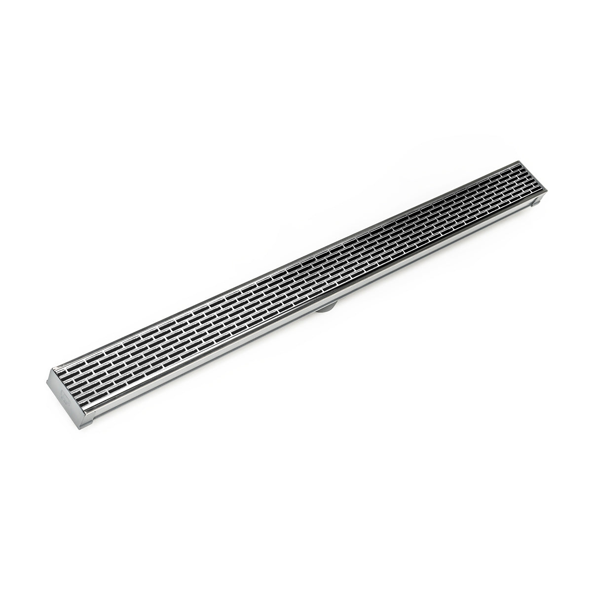 Polished stainless steel linear drain with slotted grate, 36 inches long.