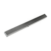 Satin stainless steel linear drain with slotted grate pattern and rectangular body.