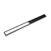 Matte black linear drain kit with white insert strip and mounting hardware visible on angled surface.