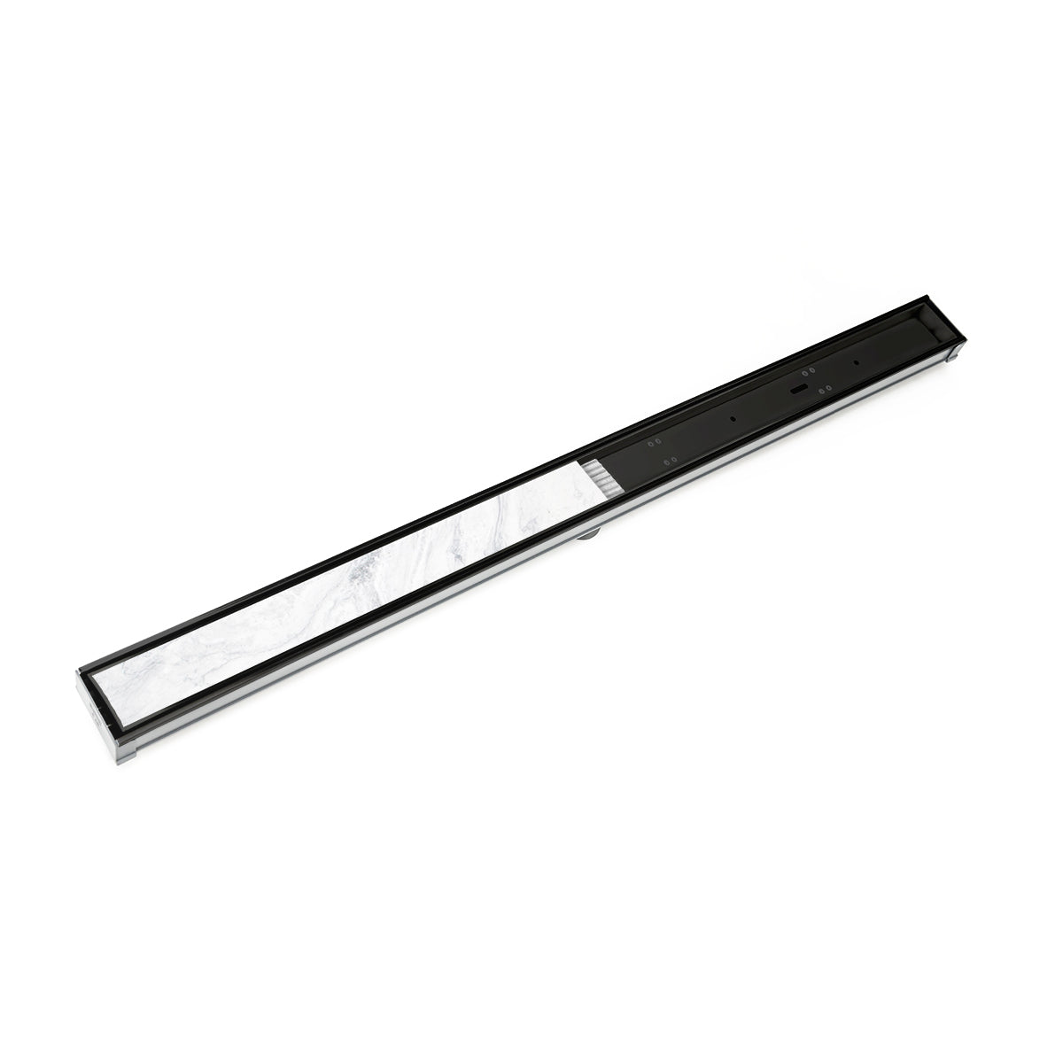 Matte black linear drain kit with white insert strip and mounting hardware visible on angled surface.