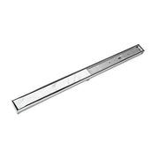 Polished stainless steel linear drain with 60-inch length and black trim frame, shown at angle.