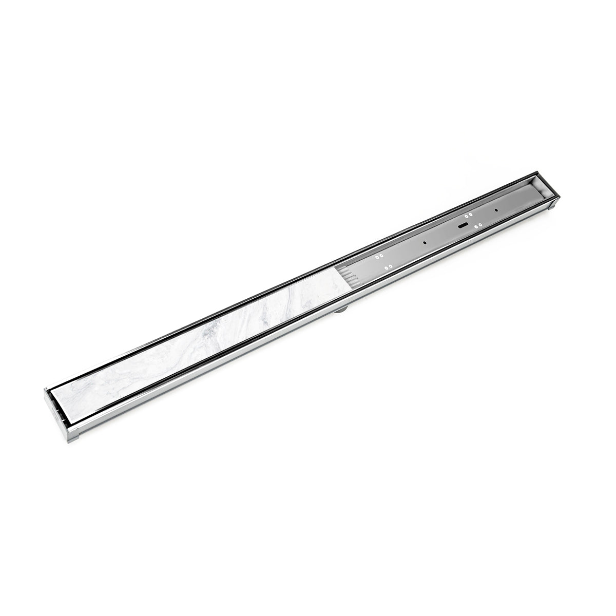 Stainless steel linear drain with rectangular frame and slotted grate, approximately 36 inches long.