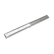 Satin stainless steel linear drain with white filter insert and mounting hardware.