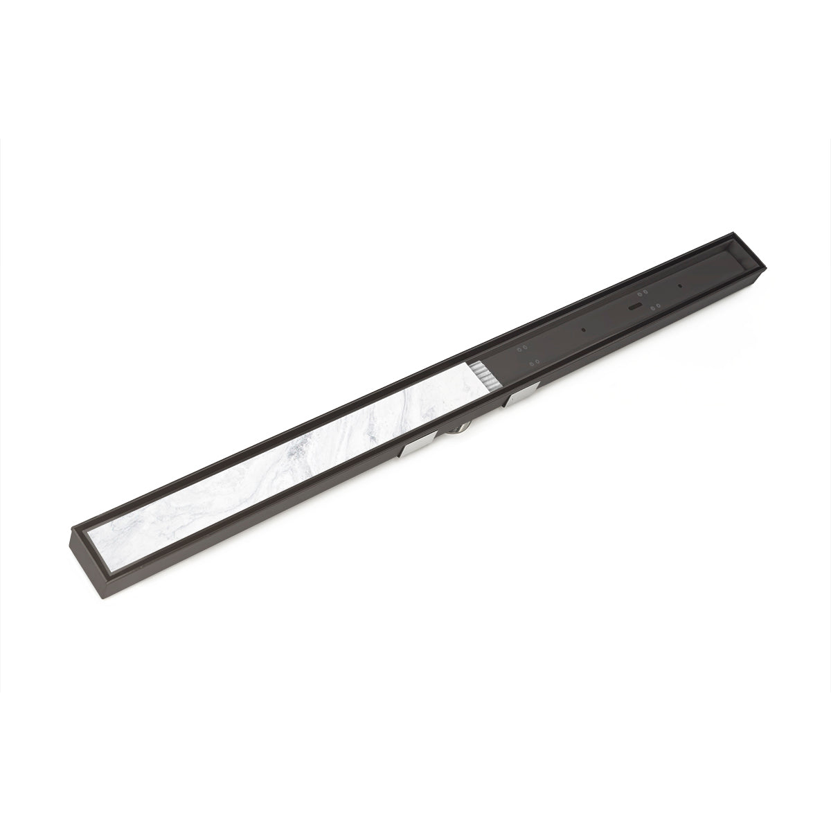 Oil rubbed bronze linear drain with white center insert and black housing, approximately 60 inches long.