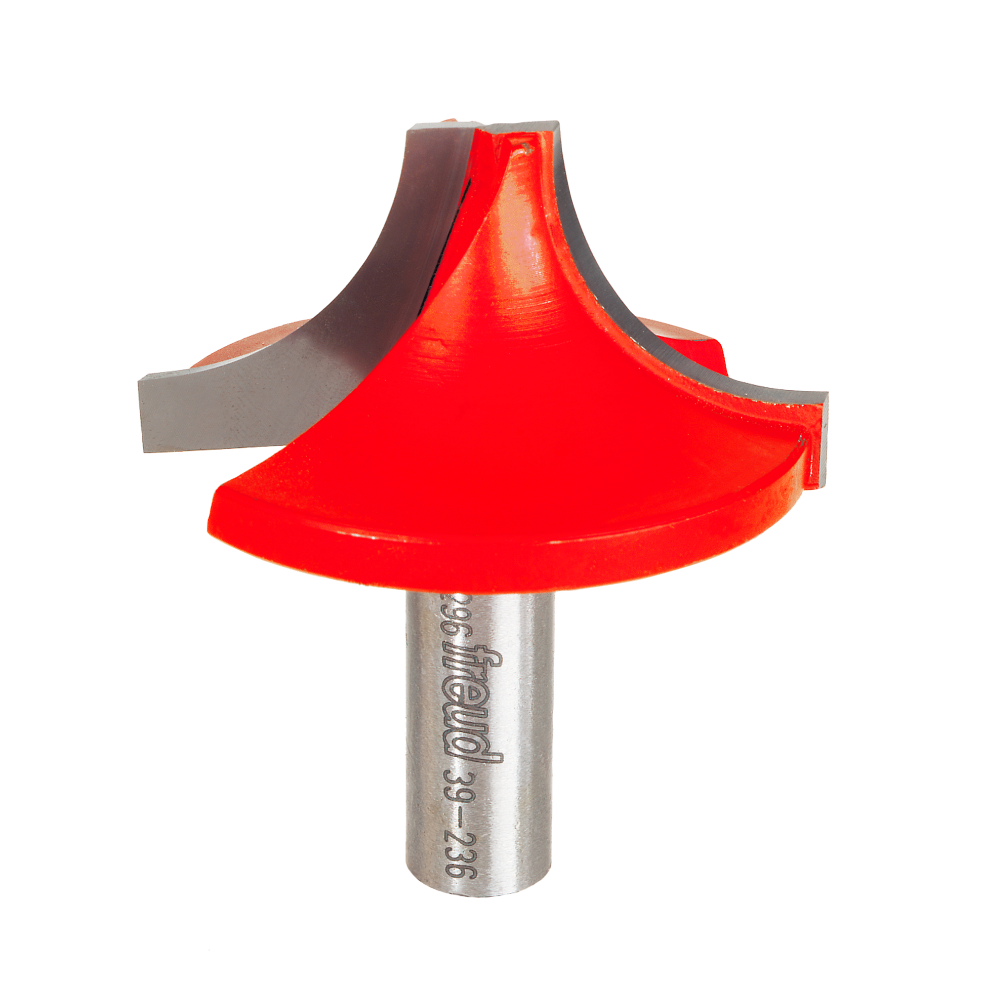 Red rounded ovolo router bit with silver shank and gray bearing, model number 39-236 visible on shaft.