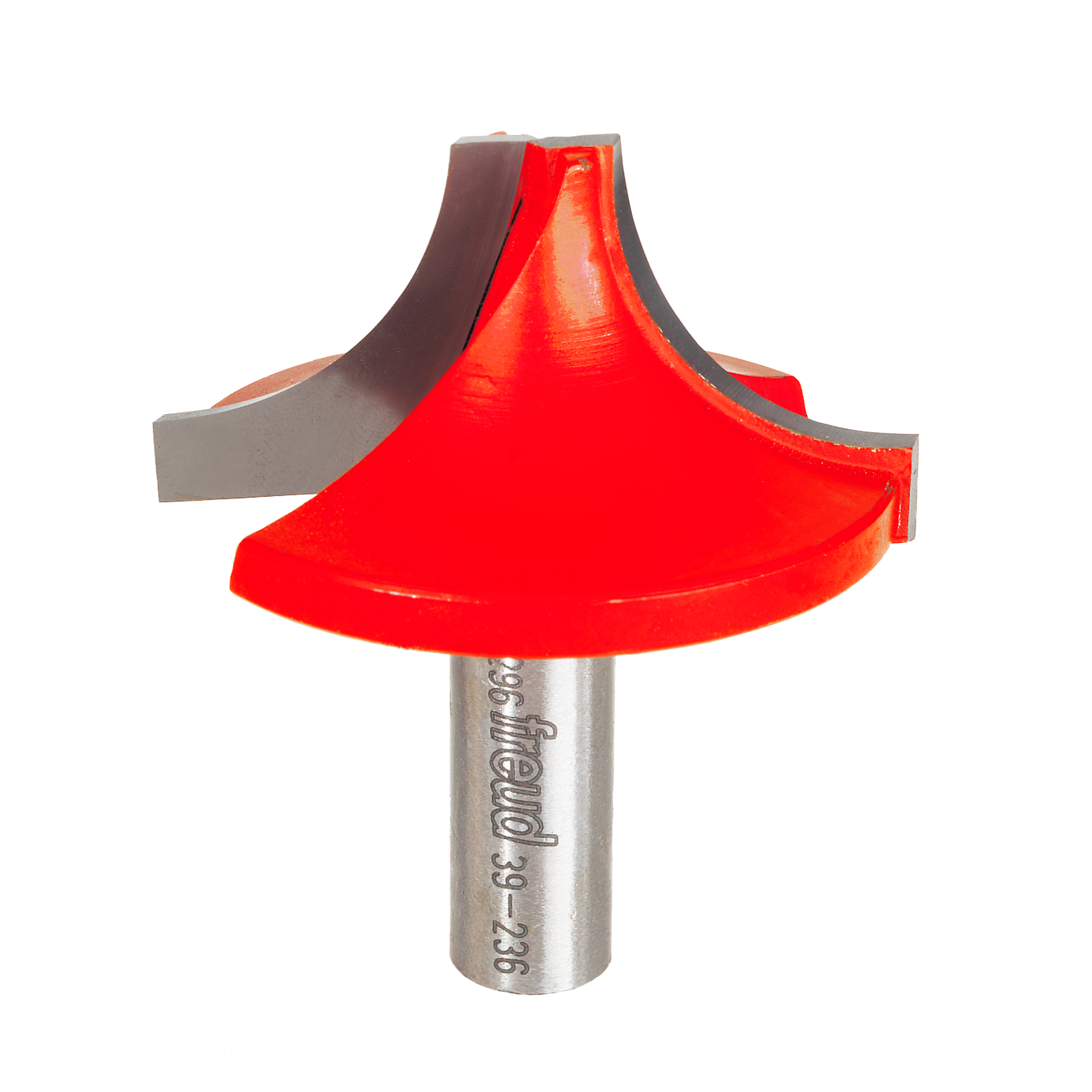 Red rounded ovolo router bit with silver shank and gray bearing, model number 39-236 visible on shaft.