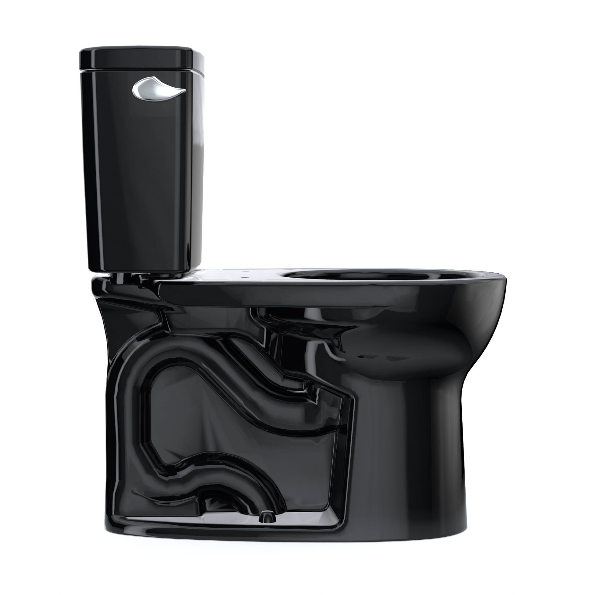 Ebony two-piece toilet with round bowl, chrome lever handle, and separate tank without seat.