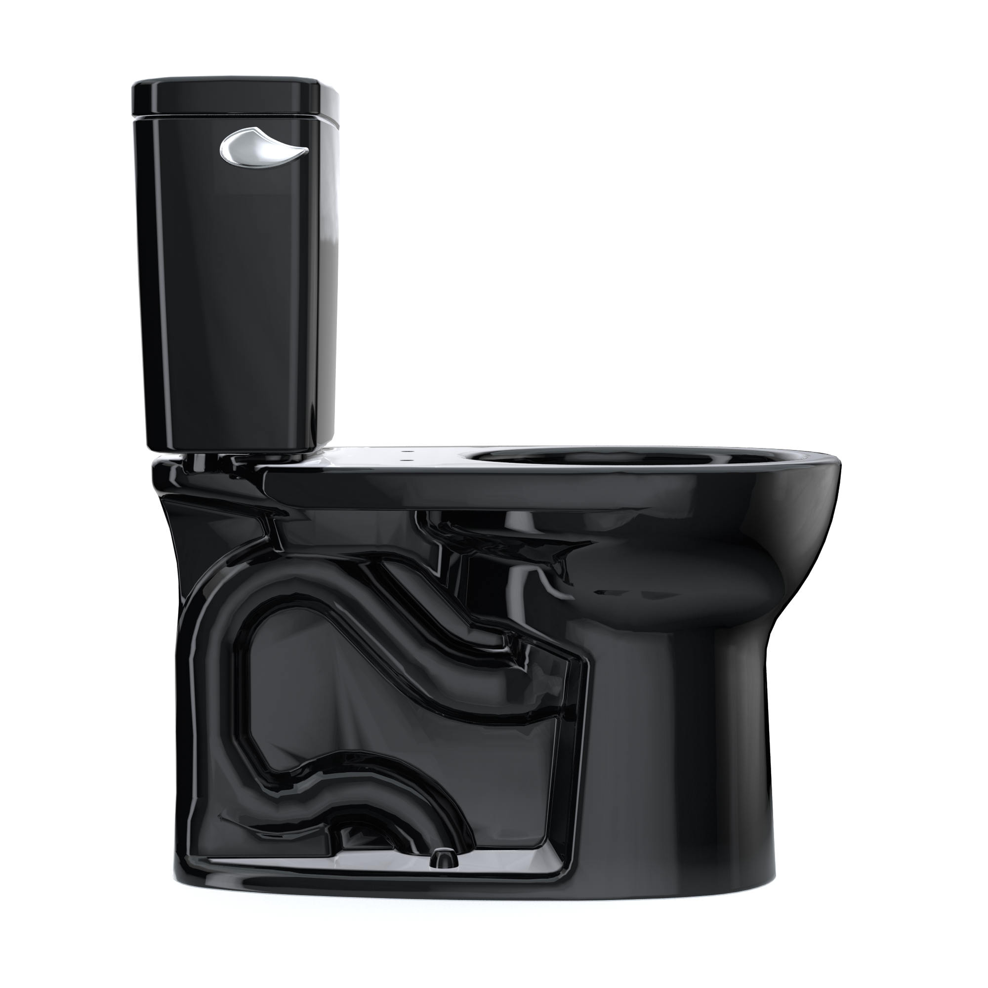 Ebony two-piece toilet with round bowl, chrome lever handle, and separate tank without seat.