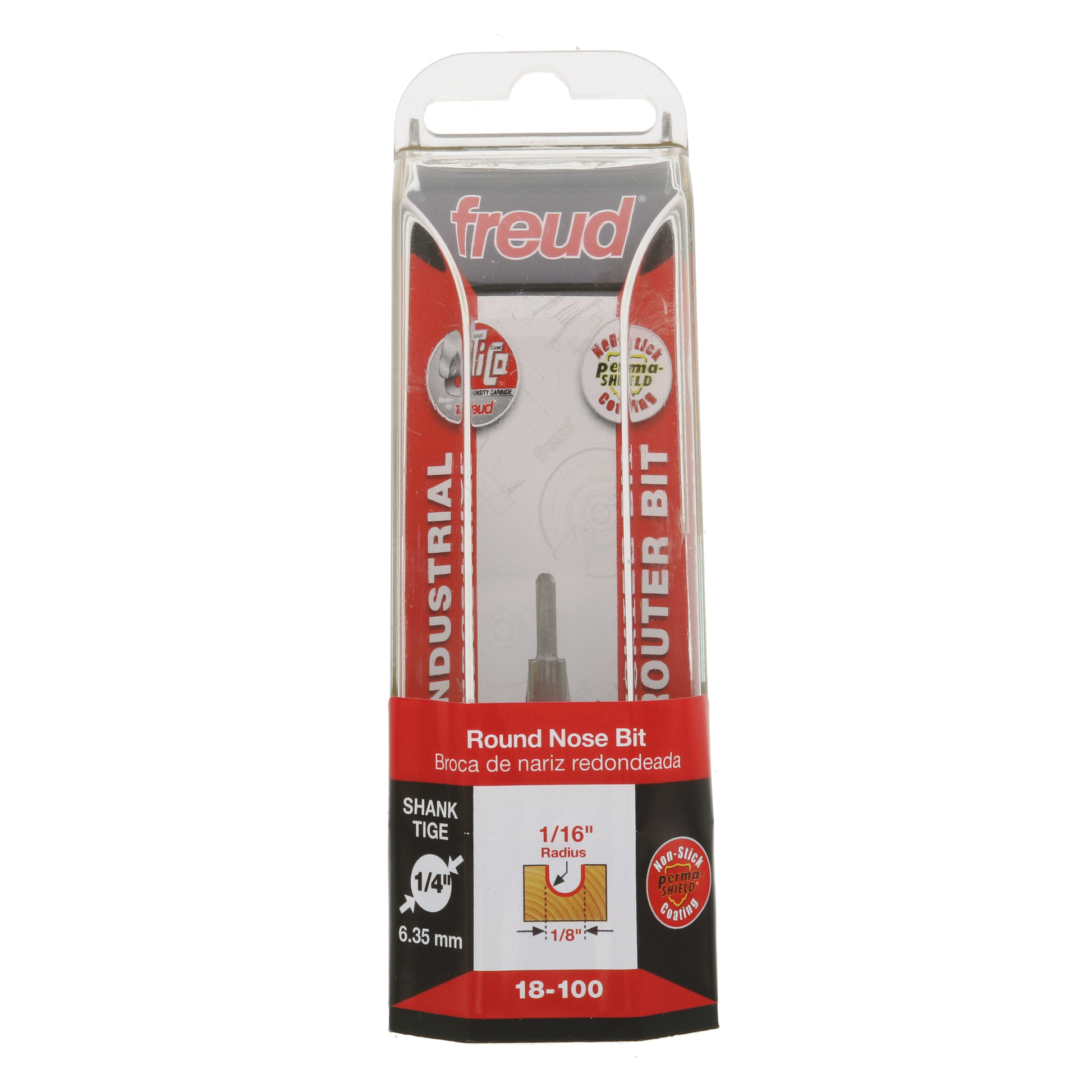 Freud 18-100 round nose bit with 1/16" radius in retail packaging, showing shank size and specifications.