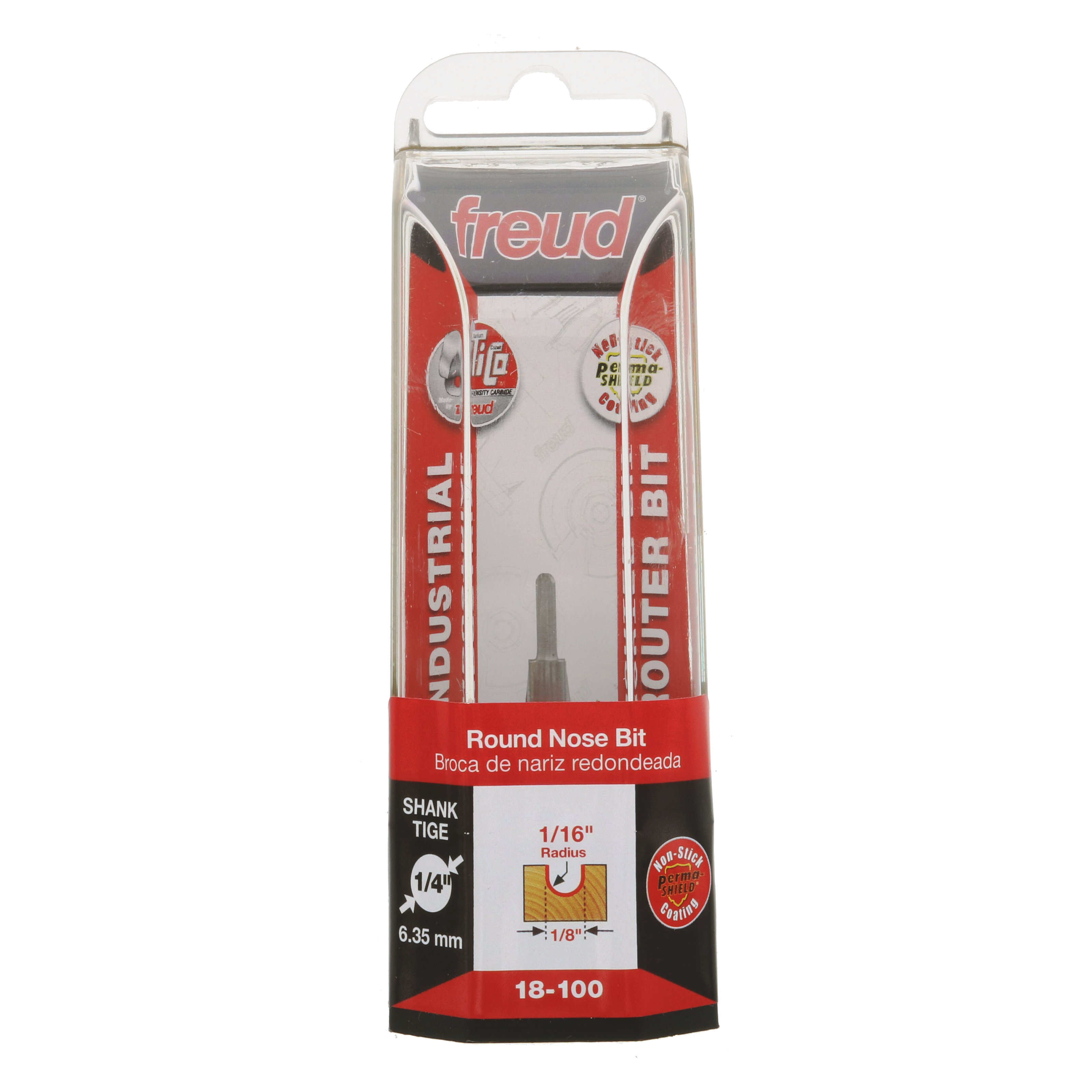 Freud 18-100 round nose bit with 1/16" radius in retail packaging, showing shank size and specifications.
