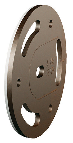 Oil rubbed bronze circular mounting plate with multiple drilled holes and slot cutouts.
