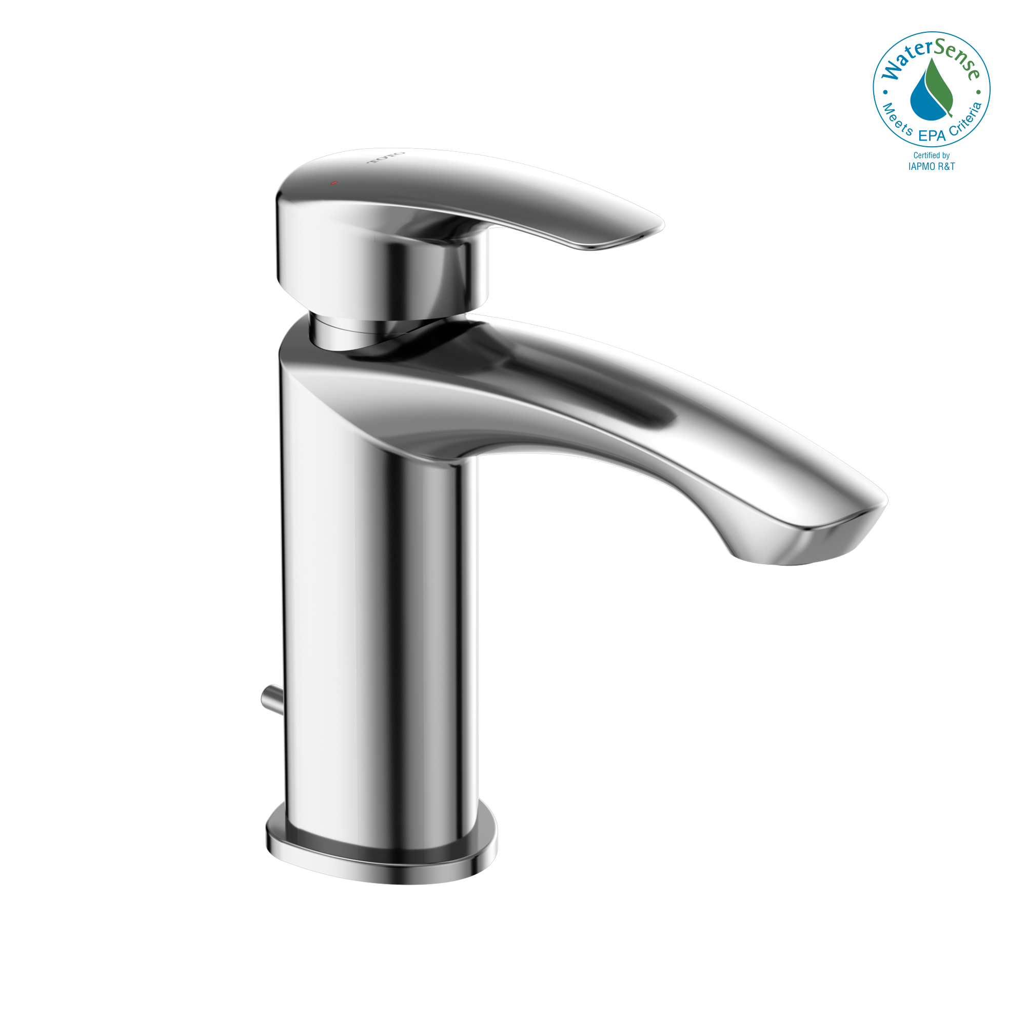Polished chrome single-handle bathroom sink faucet with curved spout and cylindrical body.