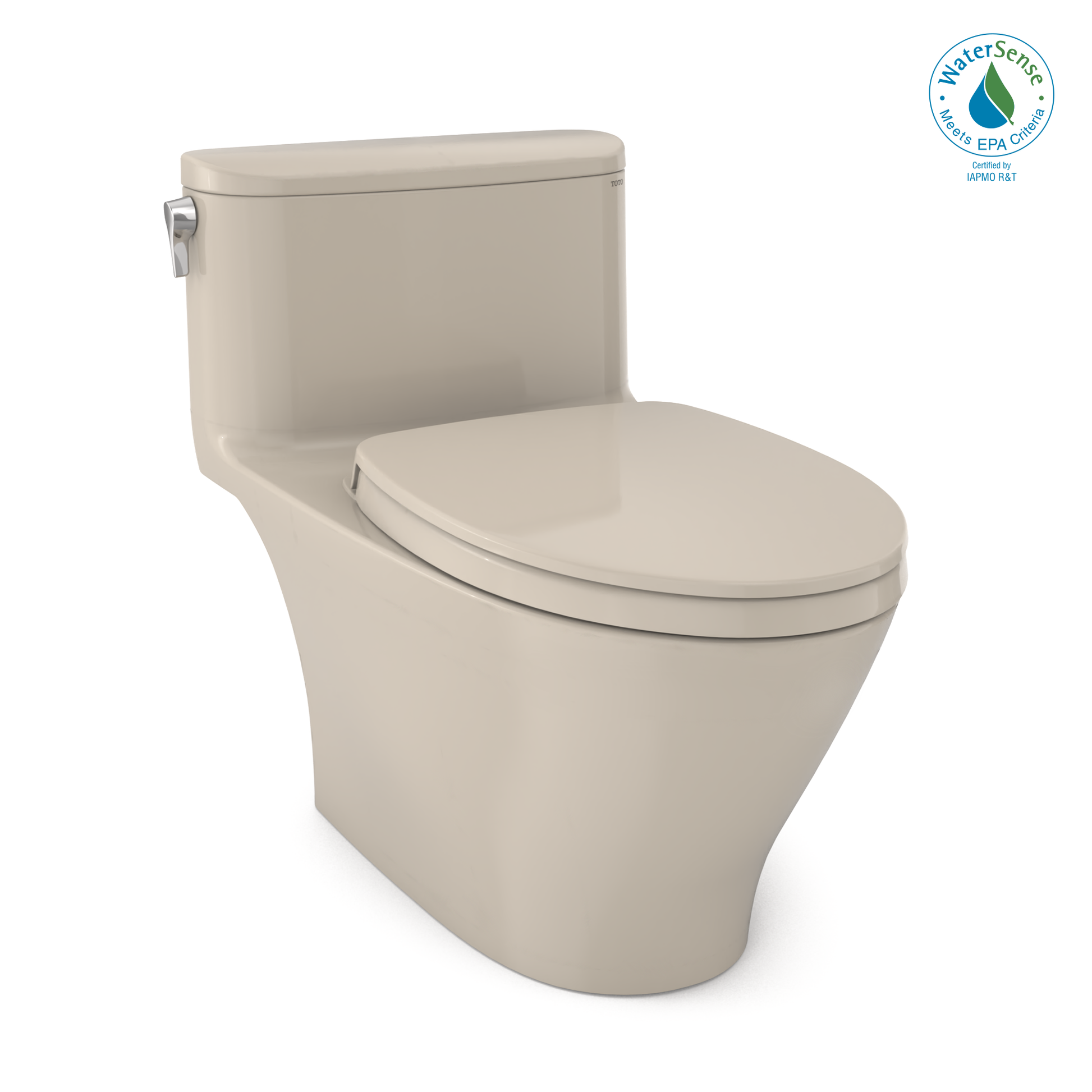 Bone-colored one-piece elongated toilet with closed soft-close seat and integrated tank.