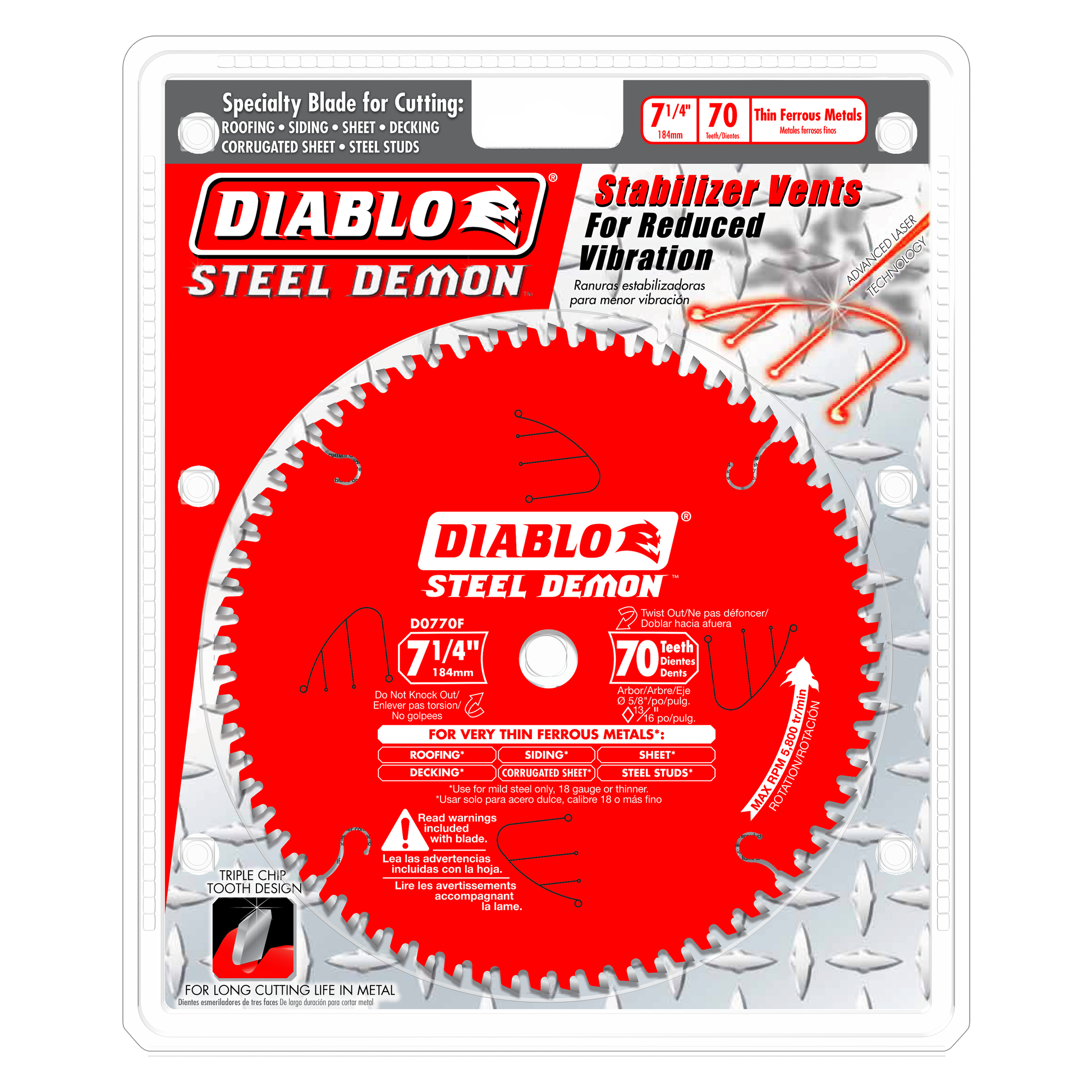 Red Steel Demon saw blade with 70 carbide teeth for metal cutting, labeled 7 1/4 inch diameter.