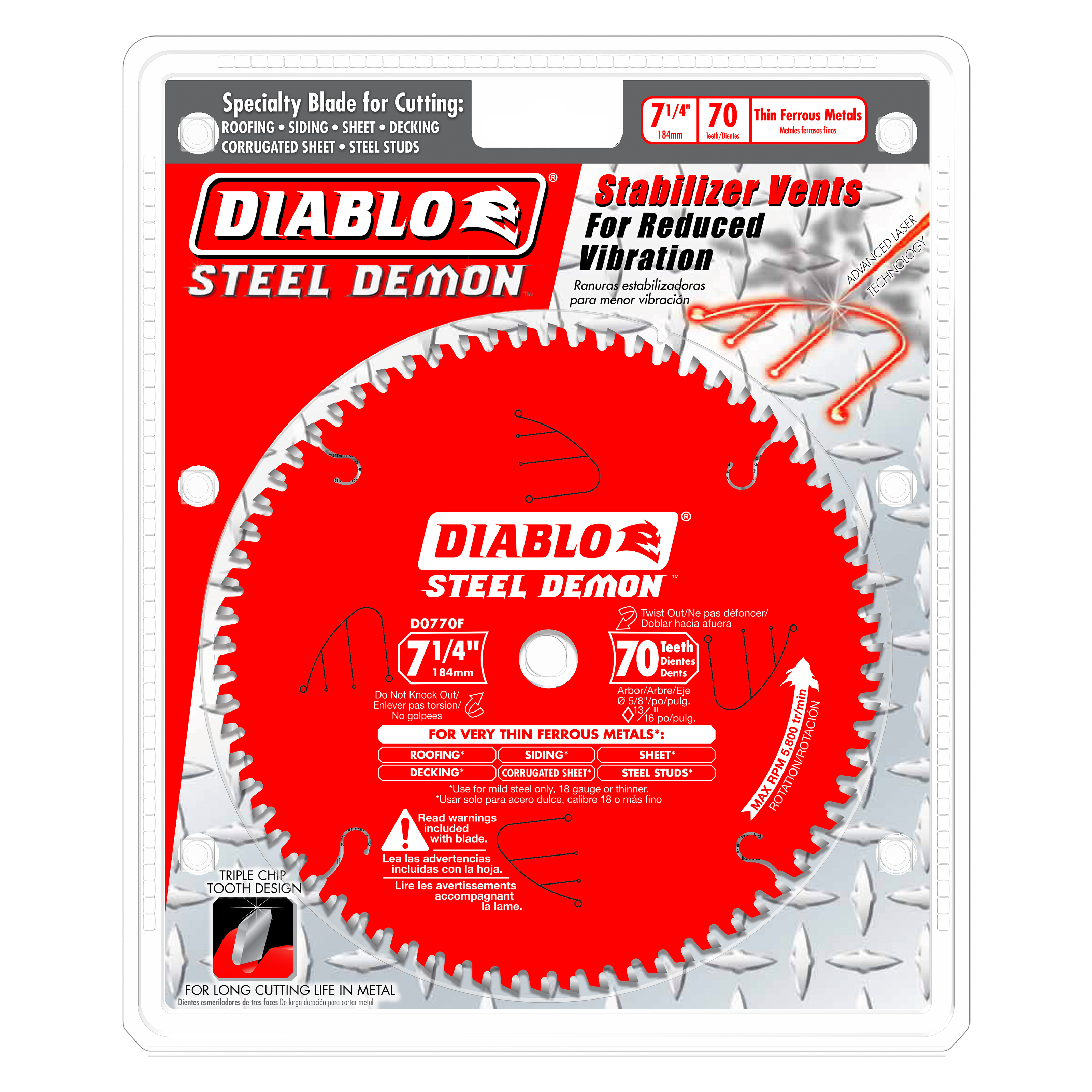 Red Steel Demon saw blade with 70 carbide teeth for metal cutting, labeled 7 1/4 inch diameter.