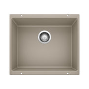 Truffle-colored undermount kitchen sink bowl with chrome drain strainer and mounting holes.