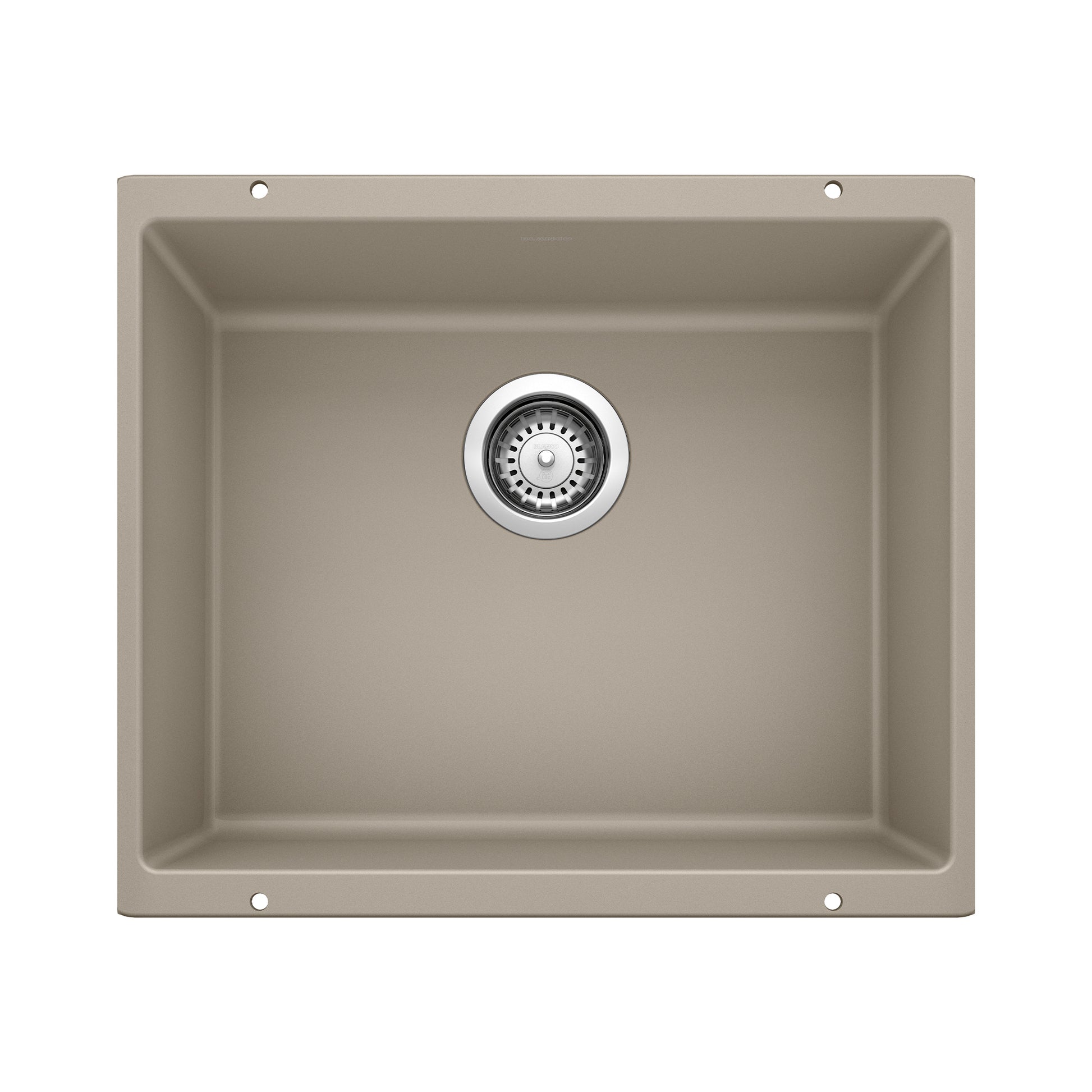 Truffle-colored undermount kitchen sink bowl with chrome drain strainer and mounting holes.