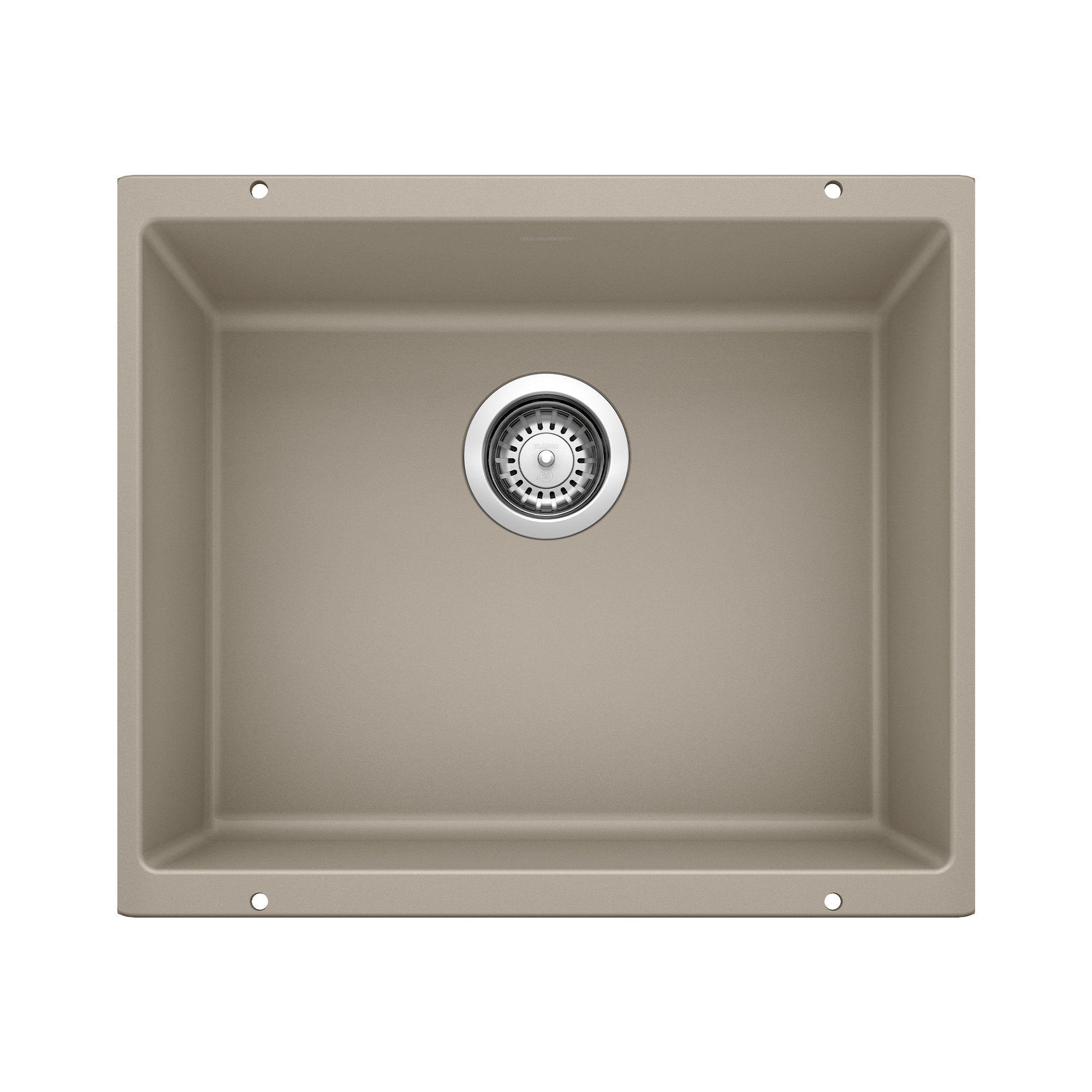 Truffle-colored undermount kitchen sink bowl with chrome drain strainer and mounting holes.