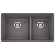 Cinder gray undermount double bowl kitchen sink with two chrome drain strainers and rounded corners.