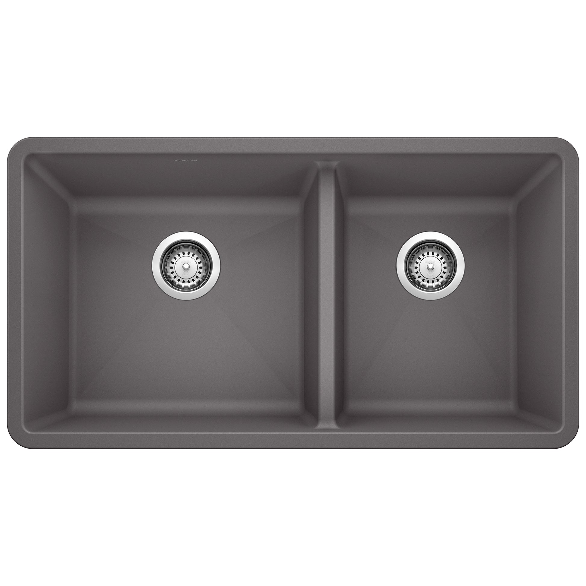 Cinder gray undermount double bowl kitchen sink with two chrome drain strainers and rounded corners.
