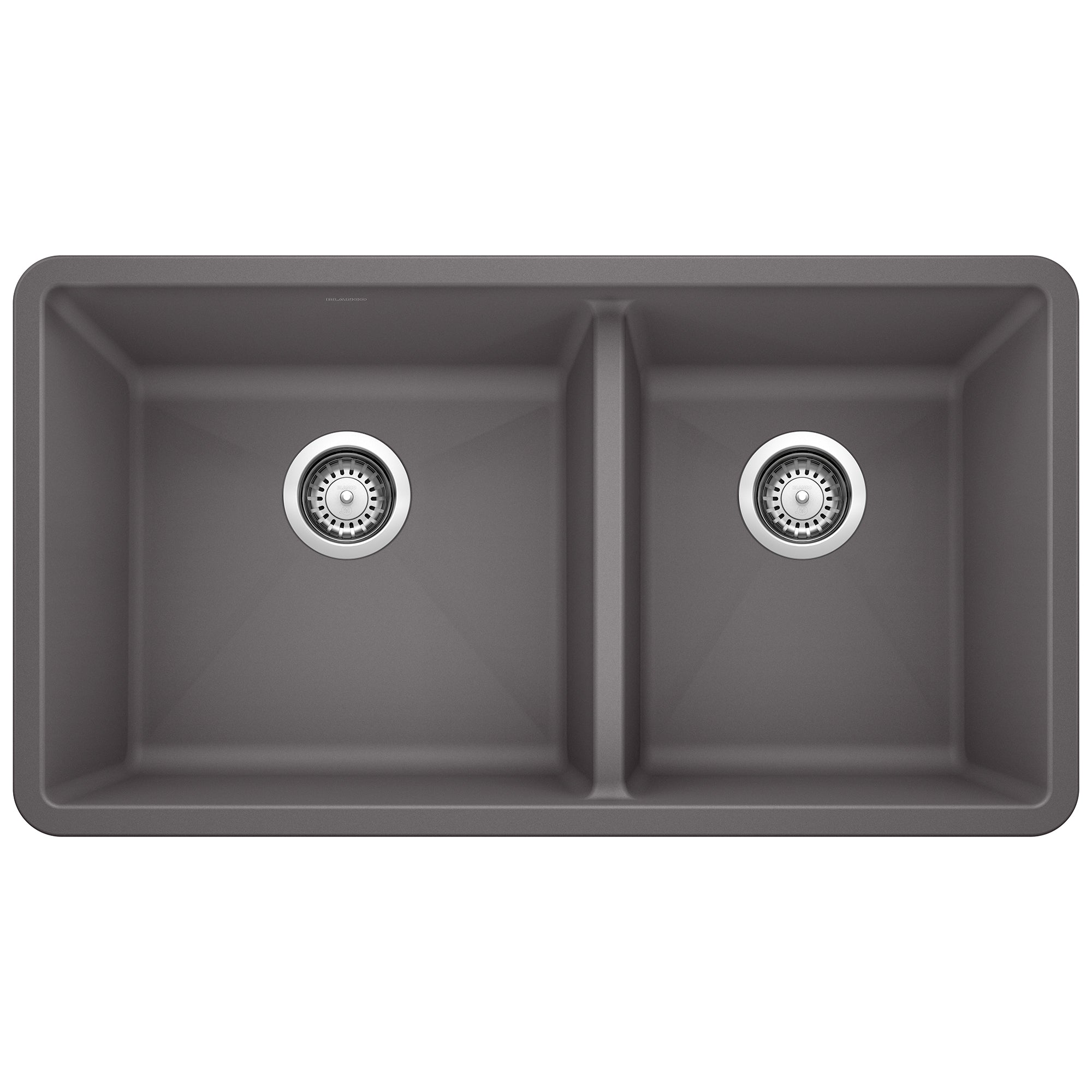 Cinder gray undermount double bowl kitchen sink with two chrome drain strainers and rounded corners.